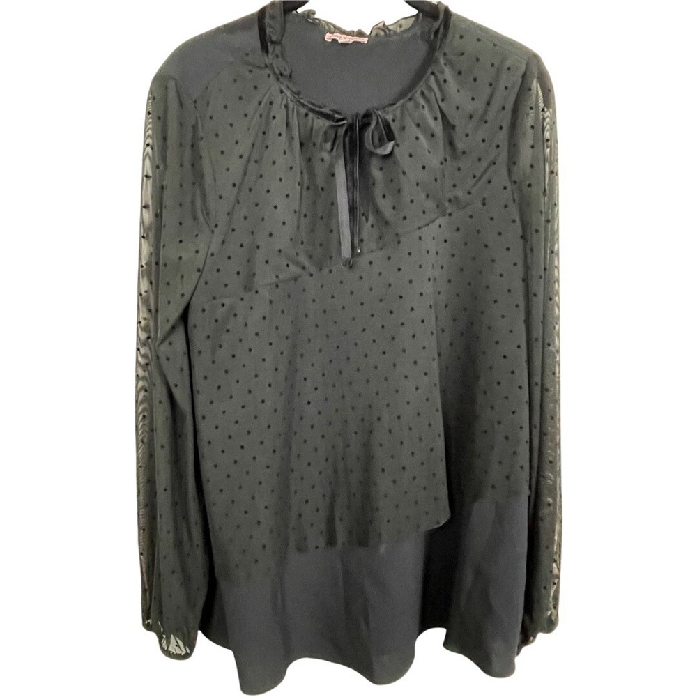 Juicy Couture Blouse M Black Swiss Dot Sheer Sleeve‎ Tie Neck Goth Whimsigoth